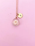 Rose Gold Press Flower Necklace, Japanese Girlfriends Gift, Cherry Blossom, Birthday Present, Personized Initial Necklace N4490