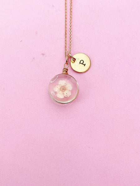 Rose Gold Press Flower Necklace, Japanese Girlfriends Gift, Cherry Blossom, Birthday Present, Personized Initial Necklace N4490