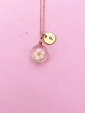 Rose Gold Press Flower Necklace, Japanese Girlfriends Gift, Cherry Blossom, Birthday Present, Personized Initial Necklace N4490
