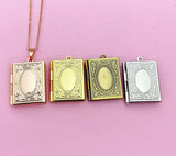 Book Locket Charm Necklace, Gold, Rose Gold, Silver and Bronze in Option, D459