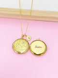 Gold Flower Locket Necklace, Engraved Sister Charm