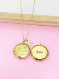Gold Flower Locket Necklace, Engraved Sister Charm
