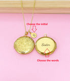 Gold Flower Locket Necklace, Engraved Sister Charm