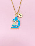 Gold Cute Blue Microscope with Cell Biology Charm Necklace, Bracelet or Keychain Option, Microbiologist Gift, N5647