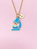 Gold Cute Blue Microscope with Cell Biology Charm Necklace, Bracelet or Keychain Option, Microbiologist Gift, N5647
