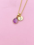 Gold Natural Amethyst Charm Necklace Gemstone February Birthday Gifts Ideas Personalized Customized Made to Order, N5514