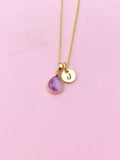 Gold Natural Amethyst Charm Necklace Gemstone February Birthday Gifts Ideas Personalized Customized Made to Order, N5514