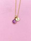 Gold Natural Amethyst Charm Necklace Gemstone February Birthday Gifts Ideas Personalized Customized Made to Order, N5514