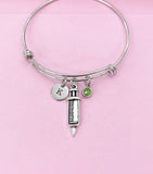 Silver Syringe Charm Bracelet, Medical Gift, Initial Bangle