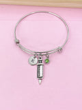 Silver Syringe Charm Bracelet, Medical Gift, Initial Bangle