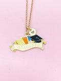 Gold Graduate Cap Book Pen Pencil Flower Charm Necklace, Bracelet or Keychain Option, N5653