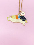 Gold Graduate Cap Book Pen Pencil Flower Charm Necklace, Bracelet or Keychain Option, N5653