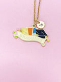Gold Graduate Cap Book Pen Pencil Flower Charm Necklace, Bracelet or Keychain Option, N5653