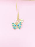 Gold Blue Butterfly Charm Necklace, Bracelet or Keychain Option, N5665