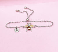 Silver Bee Bracelet, Beautiful Brown Bee Charm, Bolo Bracelets option, Personized Initial Bracelet, N4972A