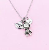 Silver Astronaut Charm Necklace, Personalized Initial, Space Jewelry