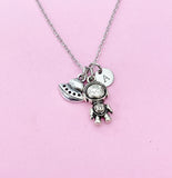 Silver Astronaut Charm Necklace, Personalized Initial, Space Jewelry