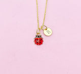 Gold Ladybug Charm Necklace, Initial Pendant, Christmas Gift