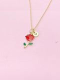 Gold Red Rose Necklace, Initial Charm, Floral Jewelry
