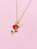 Gold Red Rose Necklace, Initial Charm, Floral Jewelry