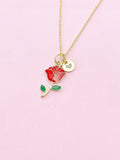 Gold Red Rose Necklace, Initial Charm, Floral Jewelry