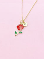 Gold Red Rose Charm Necklace, Red Rose Flower Jewelry, N608A