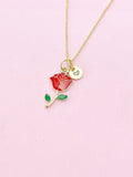 Gold Red Rose Charm Necklace, Red Rose Flower Jewelry, N608A