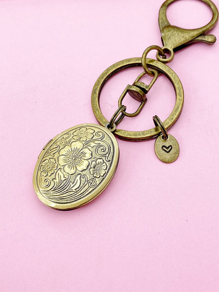 Best Christmas Gift for Mom, Grandmother, Great Grandma, Aunt, Flower Locket, Keepsake Photo Frame, Bronze Initial Keychain, N4919