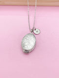 Flower Locket Necklace, Keepsake Photo Charm, Initial, Silver Tone