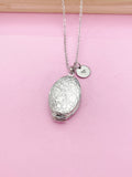Flower Locket Necklace, Keepsake Photo Charm, Initial, Silver Tone