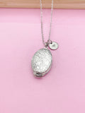 Flower Locket Necklace, Keepsake Photo Charm, Initial, Silver Tone