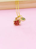 Gold Pomegranate Necklace, Cubic Zirconia, Initial Charm