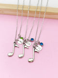 Silver Music Note Necklace, Initial Charm, Birthstone Pendant