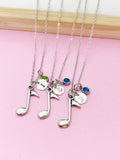 Silver Music Note Necklace, Initial Charm, Birthstone Pendant