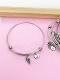 Grape Charm Bangle Bracelet, Wine Lover Gift, Personalized Initial