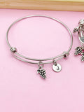 Grape Charm Bangle Bracelet, Wine Lover Gift, Personalized Initial