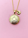 Gold Flower Locket Necklace, Custom Initial Charm, Keepsake Photo, N4050