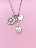 Sunflower Shovel Necklace, Initial Charm, Garden Jewelry