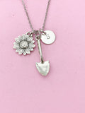 Sunflower Shovel Necklace, Initial Charm, Garden Jewelry