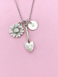 Sunflower Shovel Necklace, Initial Charm, Garden Jewelry