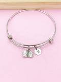 Silver Open Book Charm Bracelet, Initial Bangle, Bookworm Gift