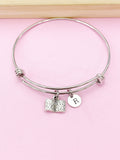 Silver Open Book Charm Bracelet, Initial Bangle, Bookworm Gift, N2643