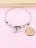 Silver Open Book Charm Bracelet, Initial Bangle, Bookworm Gift, N2643
