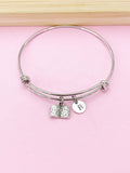 Silver Open Book Charm Bracelet, Initial Bangle, Bookworm Gift, N2643