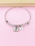 Silver Open Book Charm Bracelet, Initial Bangle, Bookworm Gift
