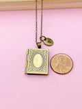 Bronze Miniature Book Locket Necklace, Initial Charm, Personalized Gift