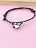 Silver Origami Crane Bracelet, Initial Charm, Leather Cord