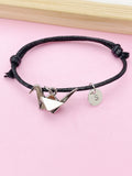 Silver Origami Crane Bracelet, Initial Charm, Leather Cord