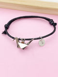 Silver Origami Crane Bracelet, Initial Charm, Leather Cord