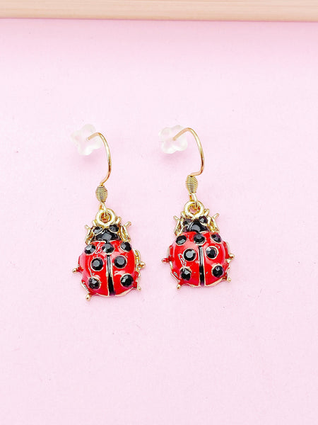 Gold Red Ladybug Earrings, Cute Red Black Ladybug Insect Dangle or Buggies Hoop Earrings, N3242